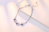 Silver Lucky Four Leaf Clover Charm Bracelet Purple Crystal Stone