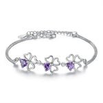 Silver Lucky Four Leaf Clover Charm Bracelet Purple Crystal Stone