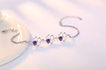 Silver Lucky Four Leaf Clover Charm Bracelet Purple Crystal Stone