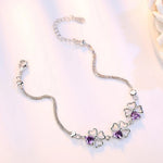 Silver Lucky Four Leaf Clover Charm Bracelet Purple Crystal Stone