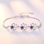 Silver Lucky Four Leaf Clover Charm Bracelet Purple Crystal Stone