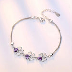 Silver Lucky Four Leaf Clover Charm Bracelet Purple Crystal Stone