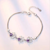 Silver Lucky Four Leaf Clover Charm Bracelet Purple Crystal Stone