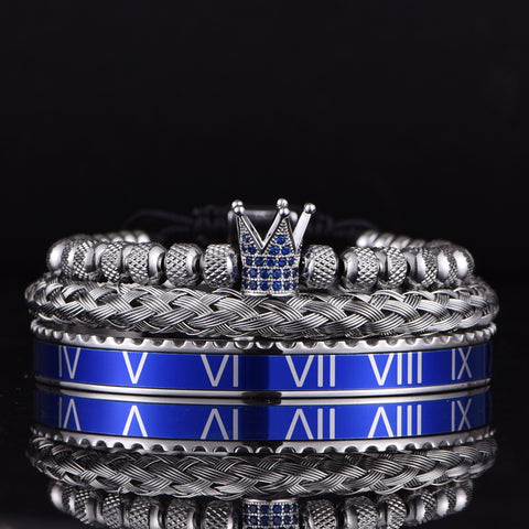 Luxury Roman Royal Micro Pave Blue CZ Crown Sets Bracelet Stainless Steel