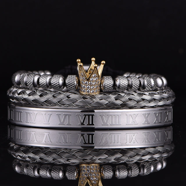 Luxury Mens Charm Handmade Crown Bracelets Stainless Steel Roman